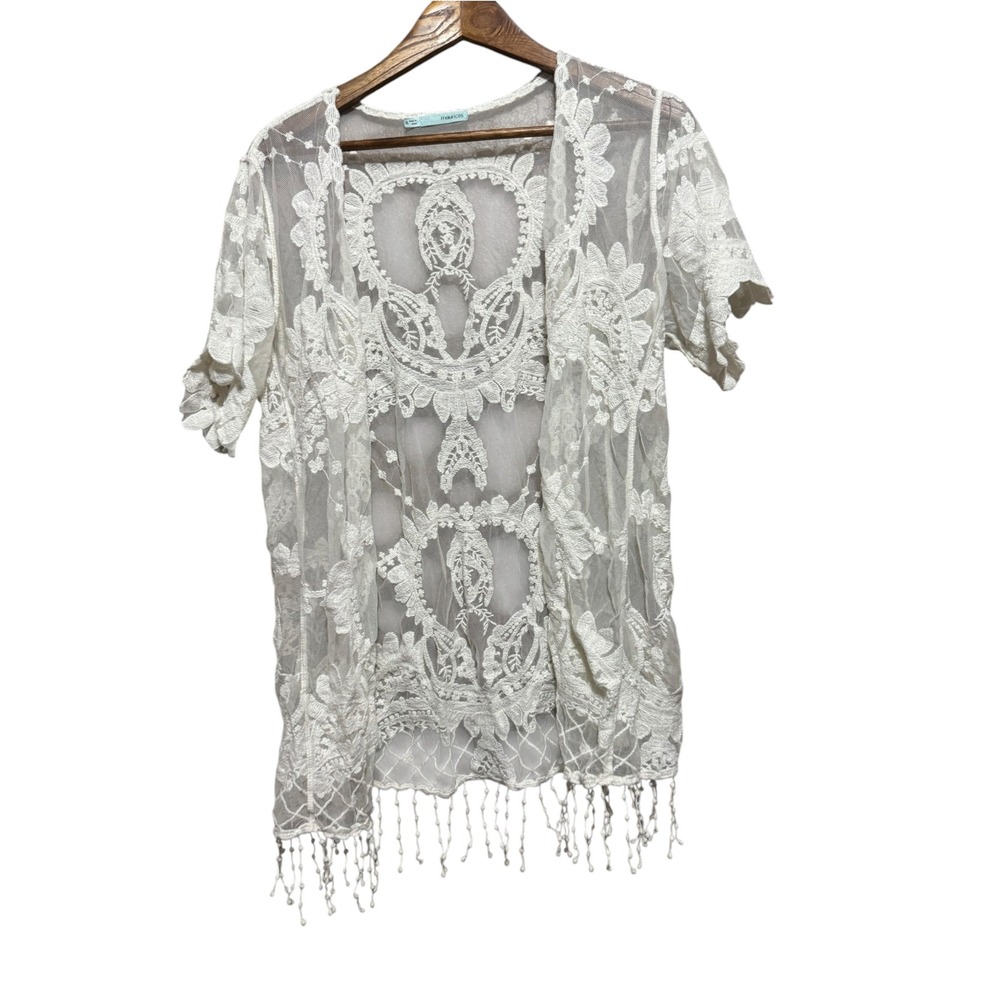 Maurices Kimono Women XL Ivory Excellent Lace Fringe Embroidered Mesh Cardigan